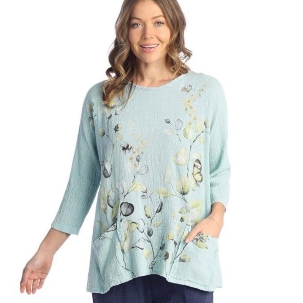 NEW Jess & Jane 3X Green 100% Cotton Gauze Floral Butterfly Pocket Tunic Top